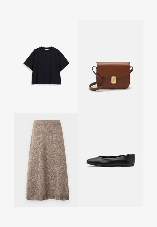 Sweater cropped de cor bege claro com gola alta com fecho, apresentando um padrão texturizado e mangas e bainha caneladas. Combina materiais tricotados e tecidos.; T-shirt de manga curta azul-marinho, feito de algodão suave, com um corte relaxado, decote redondo e um design minimalista. Sem padrões ou detalhes visíveis.; Saia de malha numa tonalidade castanha quente com um padrão texturizado, cintura ajustada e silhueta evasê, apresentando detalhes canelados na barra.; Paul Smith TOPANGA - Sabrinas - black; Bolsa de couro castanho com fecho de aba, decoração em tom dourado, alça de ombro e textura suave. Formato retangular compacto.