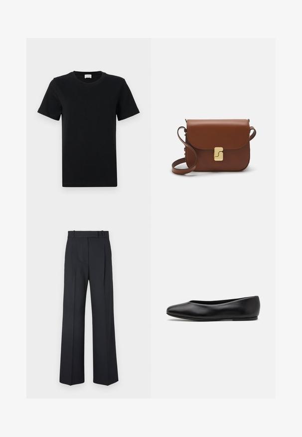 Helles, beigefarbenes, kurzes Sweatshirt mit einem Reißverschlusskragen, das ein strukturiertes Muster sowie gerippte Bündchen und Saum aufweist. Kombiniert Strick- und Webmaterialien.; Schwarzes Baumwoll-T-Shirt mit kurzen Ärmeln und Rundhalsausschnitt, mit einem dezenten Logo-Detail an der unteren Vorderseite und einem geraden Saum.; Dunkelblaue Nadelstreifenhosen mit hoher Taille, weit geschnittenem Bein und ohne sichtbare Beschläge oder Verzierungen. Glatte Textur und taillierte Passform.; Paul Smith TOPANGA - Klassischer Ballerina - black; Braune Ledertasche mit Klappenverschluss, Beschlägen in Goldfarbe, einem Schultergurt und einer glatten Oberfläche. Kompakte rechteckige Form.
