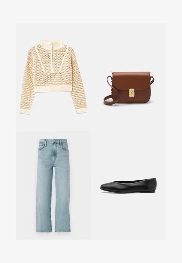 Light beige cropped sweater with a zippered mock neck, featuring a textured pattern and ribbed cuffs and hem. Combines knit and woven materials.; Light blue straight-leg jeans made from denim, featuring a high waist, a front button closure, and subtle fading on the fabric.; Paul Smith TOPANGA - Ballet pumps - black; Brown leather handbag with a flap closure, gold-tone hardware, a shoulder strap, and a smooth texture. Compact rectangular shape.
