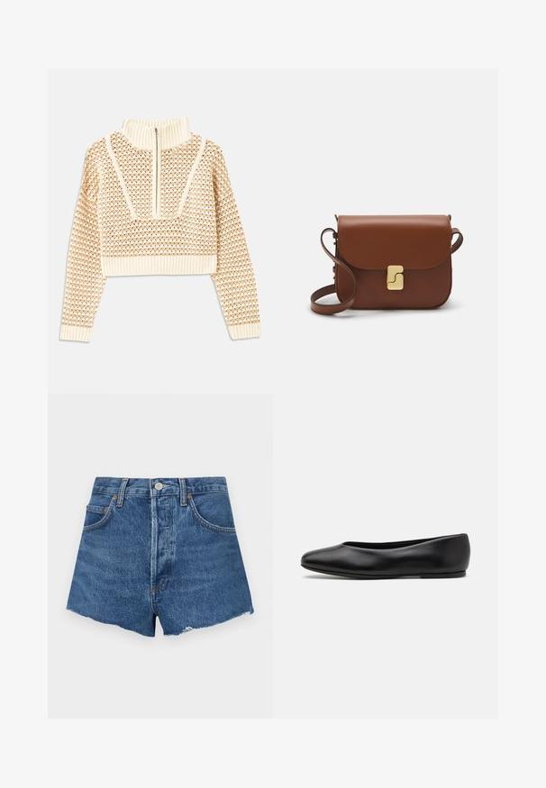 Světle béžový zkrácený svetr s doplňkovým zipem a imitací límce, zdobený texturovaným vzorem a pletenými manžetami a lemem. Kombinuje pletené a tkané materiály.; Džínové šortky ve středně modré barvě s roztrhaným lemem, které mají přední kapsy a knoflíkové zapínání. Těžká textura s mírným vyblednutím.; Paul Smith TOPANGA - Klasické baleríny - black; Hnědá kožená kabelka s klopou, zlatými kovovými detaily, ramenním popruhem a hladkým povrchem. Kompaktní obdélníkový tvar.