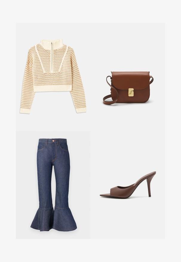 Light beige cropped sweater with a zippered mock neck, featuring a textured pattern and ribbed cuffs and hem. Combines knit and woven materials.; Dark blue denim flared jeans with a ruffled hem, five pockets, and contrast orange stitching. Mid-rise waistband with a front button closure.; Brown leather open-toe high-heeled mules with a sleek design, featuring a wide front strap and a slender stiletto heel.; Brown leather handbag with a flap closure, gold-tone hardware, a shoulder strap, and a smooth texture. Compact rectangular shape.