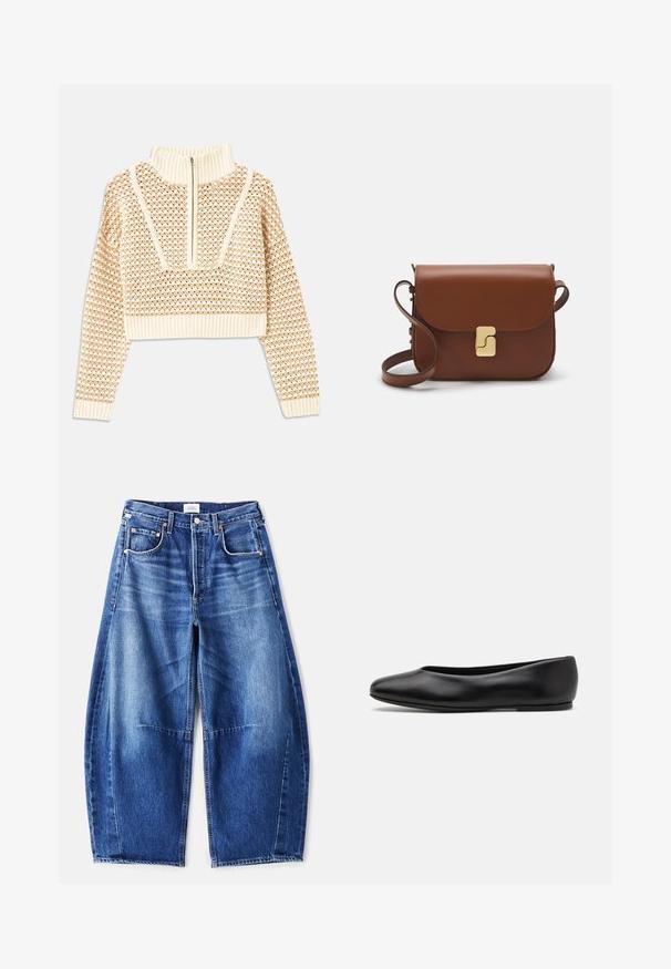 Vaalea beige lyhyt neulepusero, jossa on vetoketjukiinnitteinen korkea kaulus. Se esittelee teksturoidun kuosin ja ribbireunat hihoissa ja helmassaan. Yhdistelmä neulotusta ja kudotusta materiaalista.; Vaaleansiniset leveälahkeiset farkut, joissa on haalistunut viimeistely, viisi taskua, kuparikohot ja vetoketjukiinnitys. Kangas on teksturoitu ja tukeva.; Paul Smith TOPANGA - Ballerinat - black; Ruskea nahkainen käsilaukku, jossa on läppäkiinnitys, kultasävyiset yksityiskohdat, olkahihna ja sileä pinta. Kompaktin suorakaiteen muotoinen.