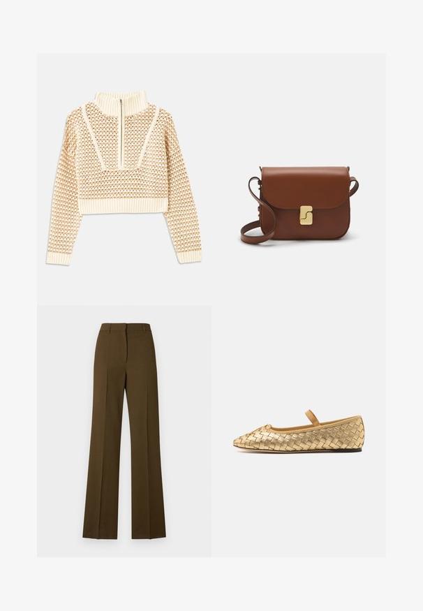 Light beige cropped sweater with a zippered mock neck, featuring a textured pattern and ribbed cuffs and hem. Combines knit and woven materials.; Dark brown, wide-leg trousers with a tailored design, featuring a flat front, crease lines, and a smooth texture.; Loeffler Randall LEONIE SOFT BALLET FLAT - Ankle strap ballet pumps - gold; Brown leather handbag with a flap closure, gold-tone hardware, a shoulder strap, and a smooth texture. Compact rectangular shape.