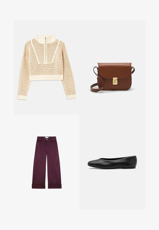 Jasnobeżowy krótki sweter z zapięciem na zamek błyskawiczny przy kołnierzu w stylu stójki, z teksturowanym wzorem oraz prążkowanymi mankietami i dołem. Łączy materiały dziane i tkane.; Spodnie o szerokich nogawkach w głębokim burgundowym denimu, z przednimi kieszeniami, zapięciem na guzik i podwiniętymi mankietami dla dodatkowego akcentu.; Paul Smith TOPANGA czarny; Brązowa skórzana torebka na ramię z klapką, złotymi detalami, paskiem na ramię i gładką teksturą. Kompaktowy prostokątny kształt.