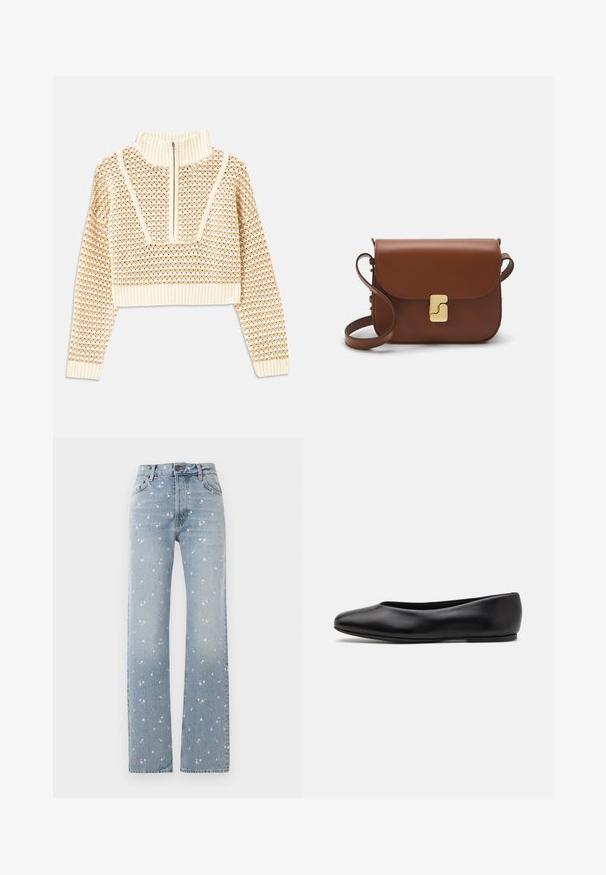 Svijetlo bež skraćeni džemper s rajsferšlusom i visokom ovratnikom, s teksturiranim uzorkom i rebrastim rukavima i rubom. Kombinira pletivo i tkaninu.; Svijetloplave traperice ravnog kroja s izblijedjelim ružičastim cvjetnim uzorkom, prednjim gumbom i detaljima džepova.; Paul Smith TOPANGA - Balerinke - black; Smeđa kožna torba s preklopom, zlatnim detaljima, remenom za nošenje preko ramena i glatkom teksturom. Kompaktni pravokutni oblik.