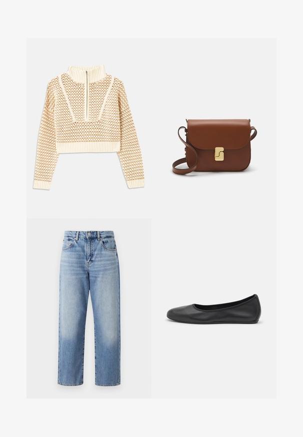 Světle béžový zkrácený svetr s doplňkovým zipem a imitací límce, zdobený texturovaným vzorem a pletenými manžetami a lemem. Kombinuje pletené a tkané materiály.; Světle modré džíny s vysokým pasem, širokými nohavicemi, viditelným švem a pěti kapsami, s klasickým zapínáním na knoflík a zip.; Černé kožené baletní byty s kulatou špičkou, hladkou texturou, minimálními švy a flexibilním designem podrážky.; Hnědá kožená kabelka s klopou, zlatými kovovými detaily, ramenním popruhem a hladkým povrchem. Kompaktní obdélníkový tvar.