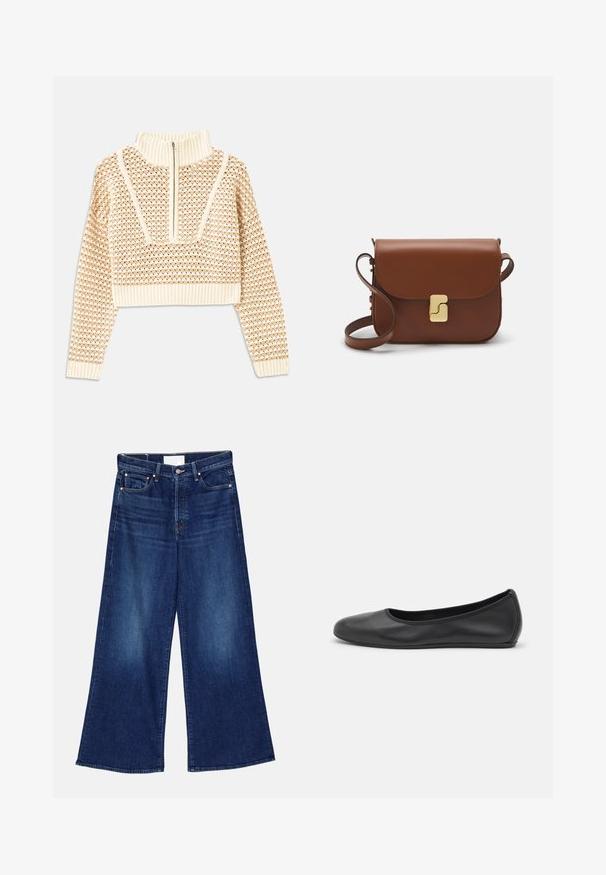 Pullover cropped beige chiaro con collo alto con zip, caratterizzato da un motivo testurizzato e polsini e orlo a coste. Combina materiali a maglia e tessuti.; Mother THE DITCHER ROLLER SNEAK - Wide Leg - cannonball; Pantofole da balletto nere in pelle con punta arrotondata, texture liscia, dettagli di cucitura minimi e design con suola flessibile.; Borsa a tracolla in pelle marrone con chiusura a pattina, hardware color oro, tracolla e una finitura liscia. Forma rettangolare compatta.