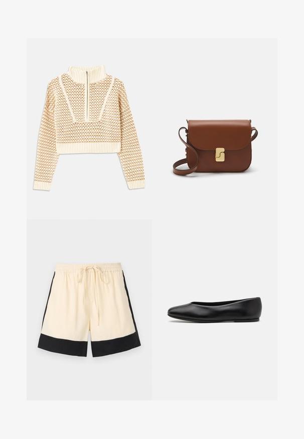 Light beige cropped sweater with a zippered mock neck, featuring a textured pattern and ribbed cuffs and hem. Combines knit and woven materials.; Cream-colored shorts with a black hem, elastic waistband, and front drawstring. The sides feature black accents, showcasing a sporty design.; Paul Smith TOPANGA - Ballet pumps - black; Brown leather handbag with a flap closure, gold-tone hardware, a shoulder strap, and a smooth texture. Compact rectangular shape.