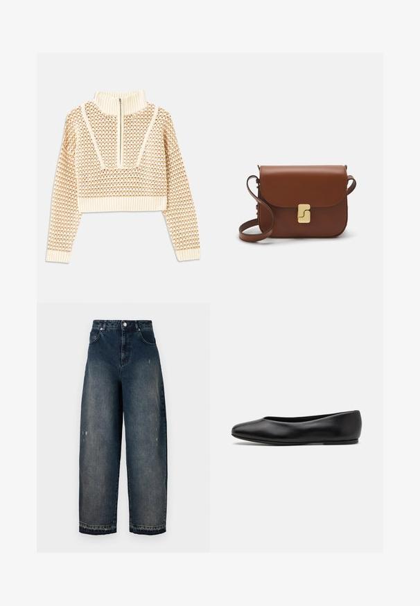 Light beige cropped sweater with a zippered mock neck, featuring a textured pattern and ribbed cuffs and hem. Combines knit and woven materials.; Dark denim wide-leg jeans with a high waist, five pockets, visible stitching, and slight distressing on the front. Classic button and zip closure.; Paul Smith TOPANGA - Ballet pumps - black; Brown leather handbag with a flap closure, gold-tone hardware, a shoulder strap, and a smooth texture. Compact rectangular shape.