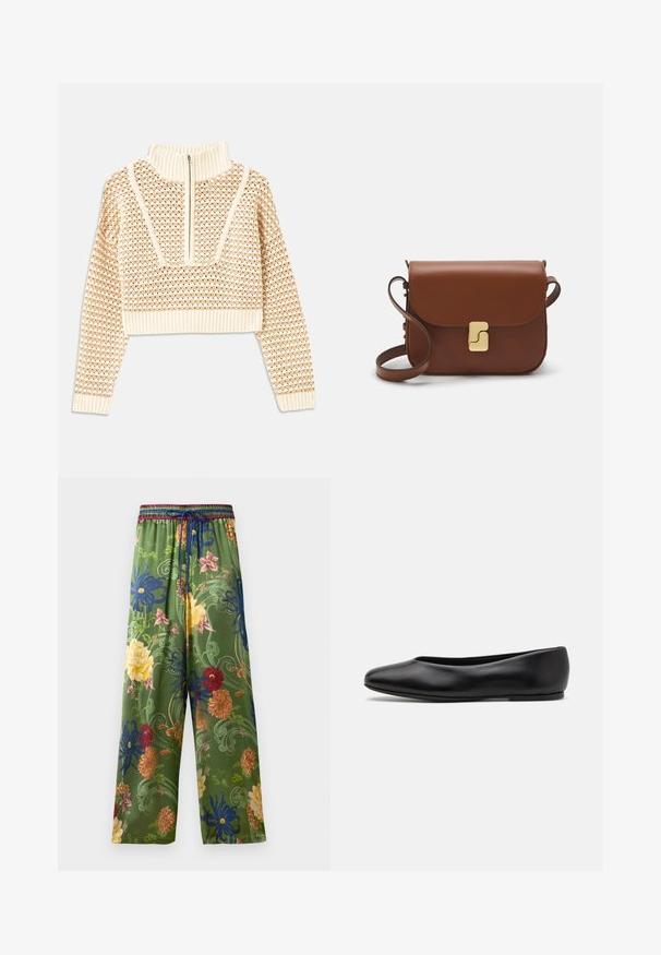 Svetilka svetlo bež barve s krajšim krojem in zadrgo na ovratniku, ki ima strukturiran vzorec ter rebraste manšete in spodnji rob. Združuje pletene in tkane materiale.; Zelene cvetlične hlače širokega kroja, okrašene z večbarvnimi vzorci cvetov in vijugastih trakov. Elastičen pas s vrvico.; Paul Smith TOPANGA - Balerinke - black; Rjava usnjena torbica s poklopcem, zlato obarvani okovi, naramnica in gladka tekstura. Kompaktna pravokotna oblika.