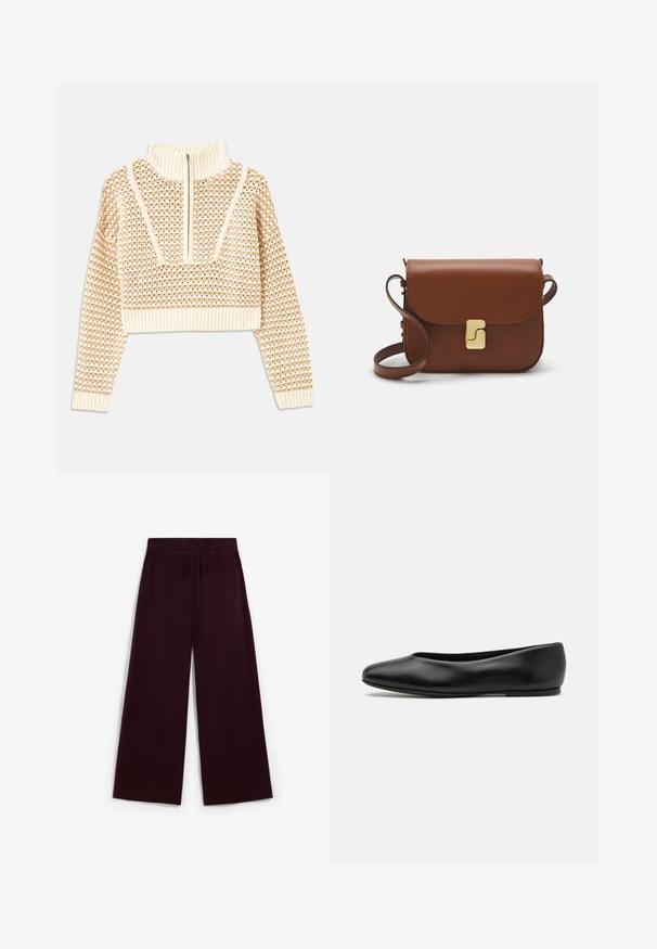 Pull en beige clair court avec un col montant zippé, présentant un motif texturé et des poignets et un ourlet côtelés. Combine des matériaux tricotés et tissés.; Pantalons à jambe large en bordeaux profond, présentant une texture lisse, deux poches arrière et une taille plate.; Paul Smith TOPANGA - Ballerines - black; Sac à main en cuir marron avec une fermeture à rabat, des accents en métal doré, une bandoulière et une texture lisse. Forme rectangulaire compacte.