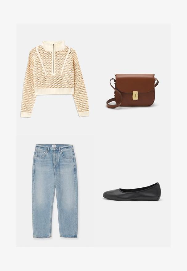 Světle béžový zkrácený svetr s doplňkovým zipem a imitací límce, zdobený texturovaným vzorem a pletenými manžetami a lemem. Kombinuje pletené a tkané materiály.; Světle modré džíny z denimu se opotřebeným vzhledem, rovný střih, pět kapes a zapínání na knoflík. Hrubý lem na kotnících.; Černé kožené baletní byty s kulatou špičkou, hladkou texturou, minimálními švy a flexibilním designem podrážky.; Hnědá kožená kabelka s klopou, zlatými kovovými detaily, ramenním popruhem a hladkým povrchem. Kompaktní obdélníkový tvar.
