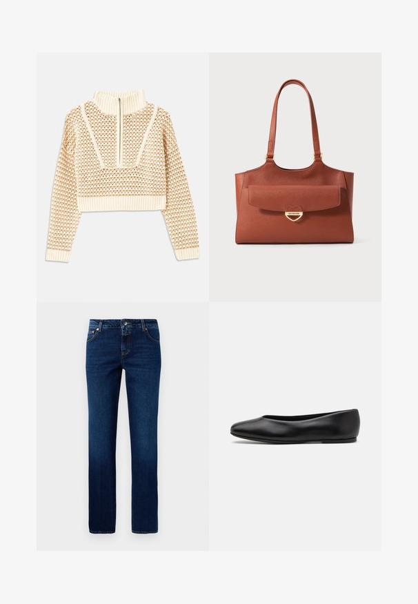Svijetlo bež skraćeni džemper s rajsferšlusom i visokom ovratnikom, s teksturiranim uzorkom i rebrastim rukavima i rubom. Kombinira pletivo i tkaninu.; Tamno plave traperice s ravnim krojem, s klasičnim pojasom, pet džepova i suptilnim detaljem šivanja na šavovima.; Paul Smith TOPANGA - Balerinke - black; Smeđa kožna torba s dugim ručkama, prednji džep s preklopom i zlatnom zakovicom u obliku srca s ugraviranim natpisom "Love Moschino."