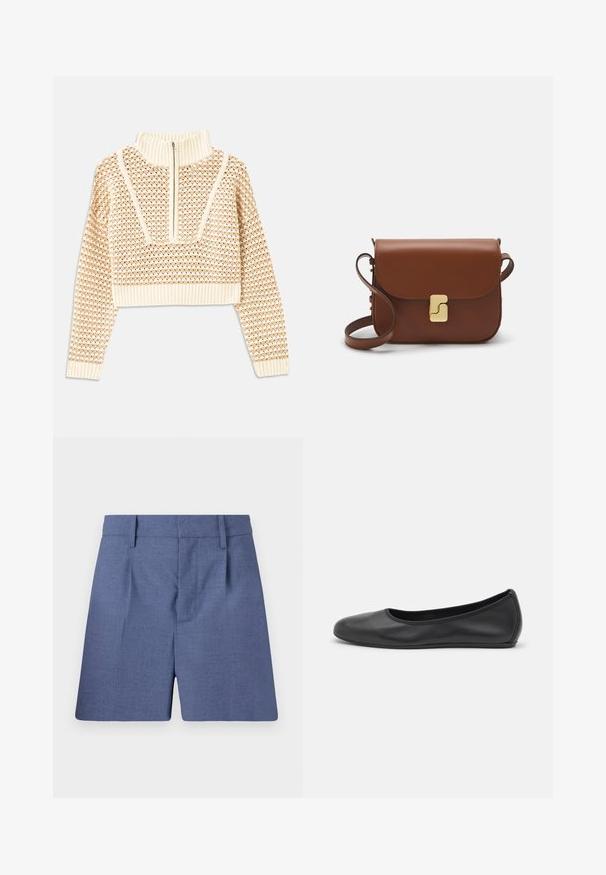 Vaalea beige lyhyt neulepusero, jossa on vetoketjukiinnitteinen korkea kaulus. Se esittelee teksturoidun kuosin ja ribbireunat hihoissa ja helmassaan. Yhdistelmä neulotusta ja kudotusta materiaalista.; Siniset räätälöidyt lyhyet housut vyölenkeillä, etupleateilla ja piilotetulla etulukolla, esitelty valkoista taustaa vasten.; Musta nahkainen ballerina, jossa on pyöristetty kärki, sileä pinta, minimaalinen ommelkoristelu ja joustava pohjamuotoilu.; Ruskea nahkainen käsilaukku, jossa on läppäkiinnitys, kultasävyiset yksityiskohdat, olkahihna ja sileä pinta. Kompaktin suorakaiteen muotoinen.