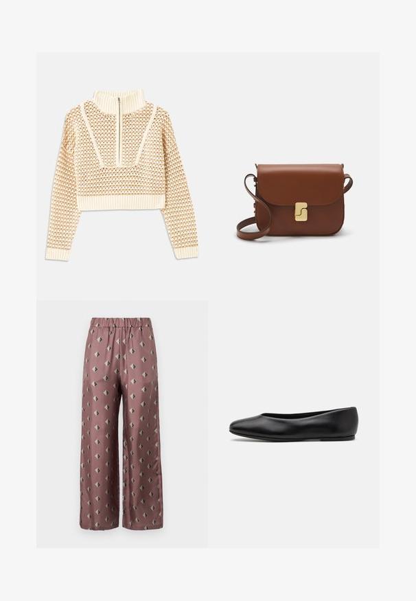 Light beige cropped sweater with a zippered mock neck, featuring a textured pattern and ribbed cuffs and hem. Combines knit and woven materials.; MM by MaxMara BOA - Trousers - mauve; Paul Smith TOPANGA - Ballet pumps - black; Brown leather handbag with a flap closure, gold-tone hardware, a shoulder strap, and a smooth texture. Compact rectangular shape.