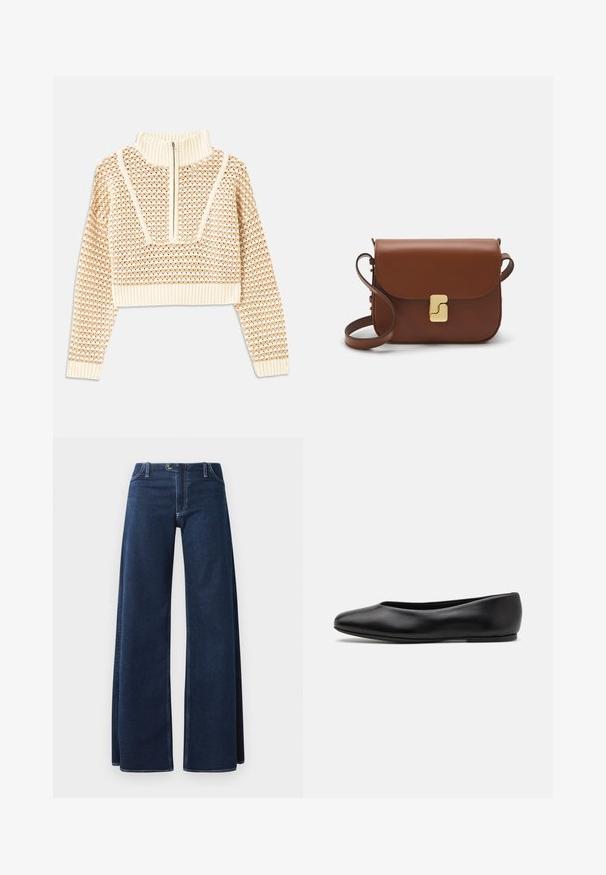 Light beige cropped sweater with a zippered mock neck, featuring a textured pattern and ribbed cuffs and hem. Combines knit and woven materials.; Wide-leg denim jeans in dark blue with visible stitching, front pockets, and a button closure. Made from a sturdy denim fabric.; Paul Smith TOPANGA - Ballet pumps - black; Brown leather handbag with a flap closure, gold-tone hardware, a shoulder strap, and a smooth texture. Compact rectangular shape.