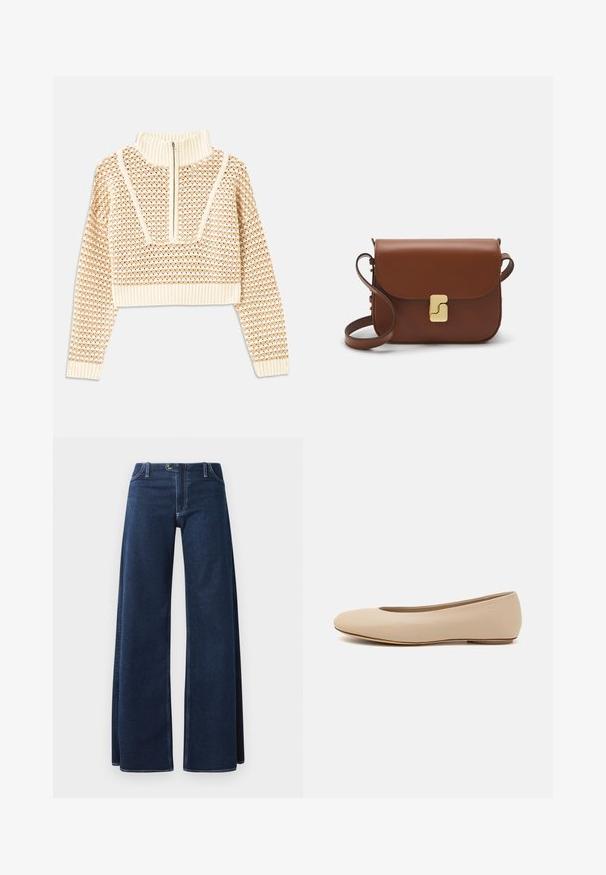 Light beige cropped sweater with a zippered mock neck, featuring a textured pattern and ribbed cuffs and hem. Combines knit and woven materials.; Wide-leg denim jeans in dark blue with visible stitching, front pockets, and a button closure. Made from a sturdy denim fabric.; Beige leather ballet flat with rounded toe, minimal seam detailing, low heel, and subtle logo on the back. Smooth, matte texture.; Brown leather handbag with a flap closure, gold-tone hardware, a shoulder strap, and a smooth texture. Compact rectangular shape.