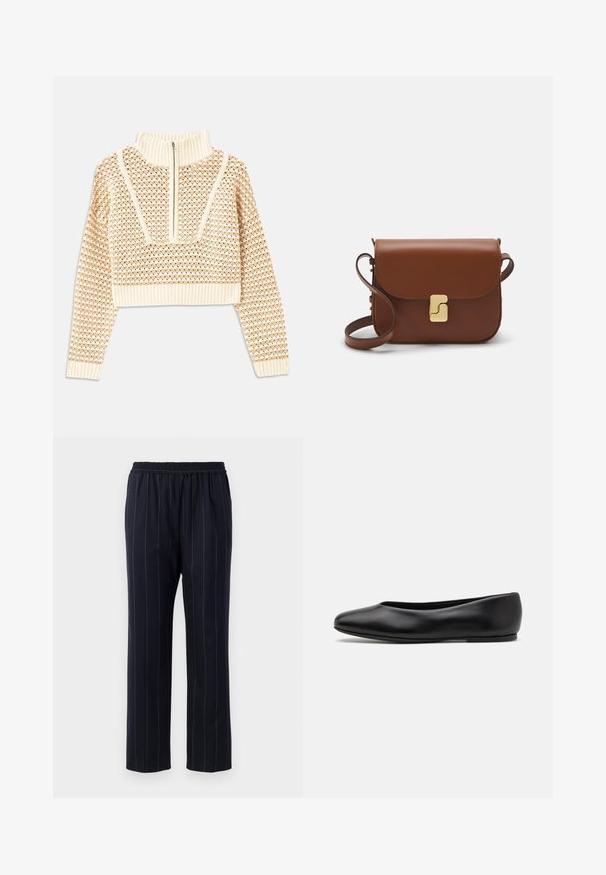 Light beige cropped sweater with a zippered mock neck, featuring a textured pattern and ribbed cuffs and hem. Combines knit and woven materials.; Navy blue trousers with vertical pinstripes, elastic waistband, straight leg design, smooth texture, and no visible pockets.; Paul Smith TOPANGA - Ballet pumps - black; Brown leather handbag with a flap closure, gold-tone hardware, a shoulder strap, and a smooth texture. Compact rectangular shape.