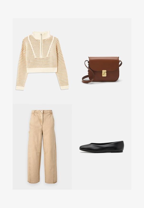 Light beige cropped sweater with a zippered mock neck, featuring a textured pattern and ribbed cuffs and hem. Combines knit and woven materials.; Beige wide-leg pants with a button closure, two side pockets, slight distressing, and frayed hems. Made from a soft, textured fabric.; Paul Smith TOPANGA - Ballet pumps - black; Brown leather handbag with a flap closure, gold-tone hardware, a shoulder strap, and a smooth texture. Compact rectangular shape.