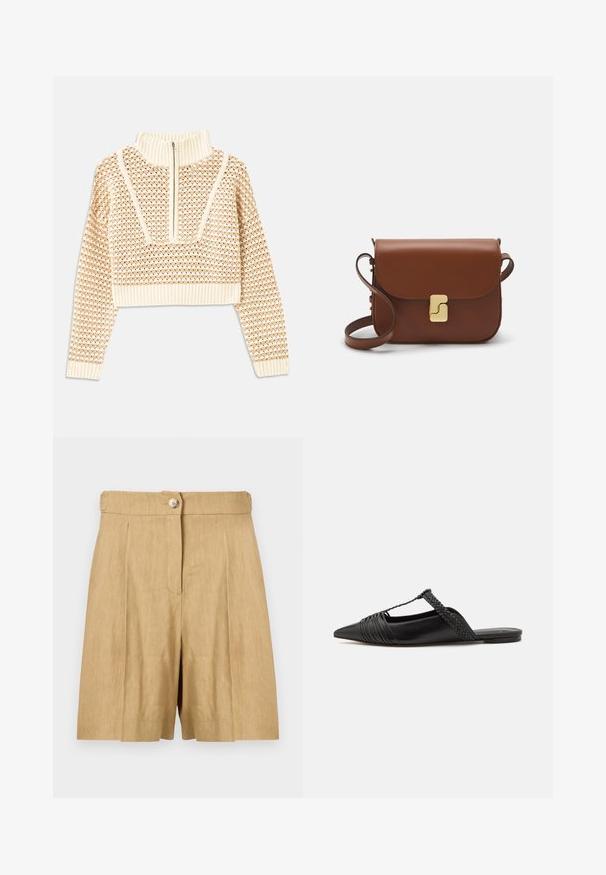 Vaalea beige lyhyt neulepusero, jossa on vetoketjukiinnitteinen korkea kaulus. Se esittelee teksturoidun kuosin ja ribbireunat hihoissa ja helmassaan. Yhdistelmä neulotusta ja kudotusta materiaalista.; Kerman säärystimet, joissa on kangaspäällysteinen vyötärö, yksi etunappi ja kaksi etupleittiä, jotka antavat tyylikkään ilmeen.; Musta nahkasandaali, jossa on terävä kärki, somistettuna kudotulla yksityiskohdalla ja pleatatuilla yläosilla. Litteä pohja, jossa on vähäisiä tarvikkeita.; Ruskea nahkainen käsilaukku, jossa on läppäkiinnitys, kultasävyiset yksityiskohdat, olkahihna ja sileä pinta. Kompaktin suorakaiteen muotoinen.