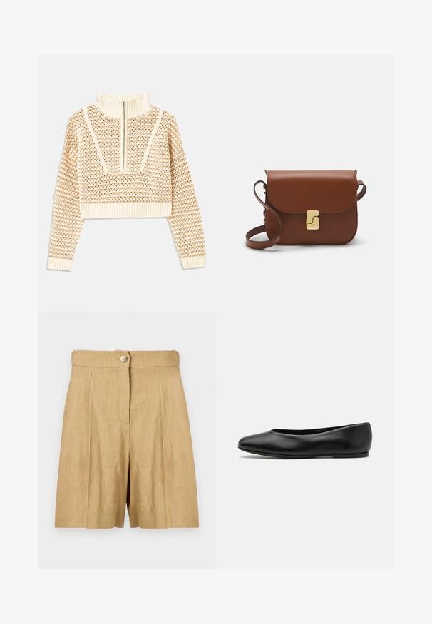 Vaalea beige lyhyt neulepusero, jossa on vetoketjukiinnitteinen korkea kaulus. Se esittelee teksturoidun kuosin ja ribbireunat hihoissa ja helmassaan. Yhdistelmä neulotusta ja kudotusta materiaalista.; Kerman säärystimet, joissa on kangaspäällysteinen vyötärö, yksi etunappi ja kaksi etupleittiä, jotka antavat tyylikkään ilmeen.; Paul Smith TOPANGA - Ballerinat - black; Ruskea nahkainen käsilaukku, jossa on läppäkiinnitys, kultasävyiset yksityiskohdat, olkahihna ja sileä pinta. Kompaktin suorakaiteen muotoinen.