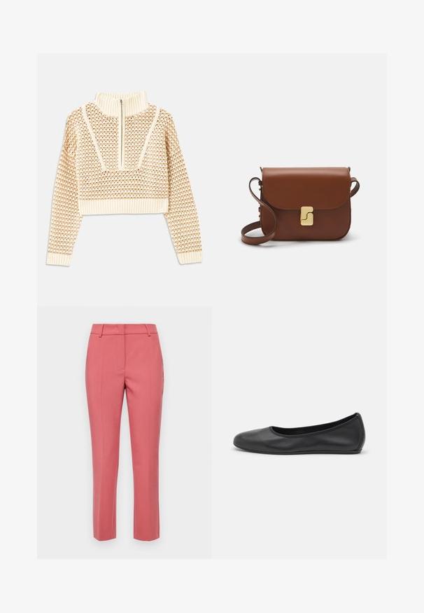 Vaalea beige lyhyt neulepusero, jossa on vetoketjukiinnitteinen korkea kaulus. Se esittelee teksturoidun kuosin ja ribbireunat hihoissa ja helmassaan. Yhdistelmä neulotusta ja kudotusta materiaalista.; Vaaleanpunaiset housut slim-fit-leikkauksella, joissa on sivutaskut, hieno tekstuuri ja suora lahjetyyli.; Musta nahkainen ballerina, jossa on pyöristetty kärki, sileä pinta, minimaalinen ommelkoristelu ja joustava pohjamuotoilu.; Ruskea nahkainen käsilaukku, jossa on läppäkiinnitys, kultasävyiset yksityiskohdat, olkahihna ja sileä pinta. Kompaktin suorakaiteen muotoinen.
