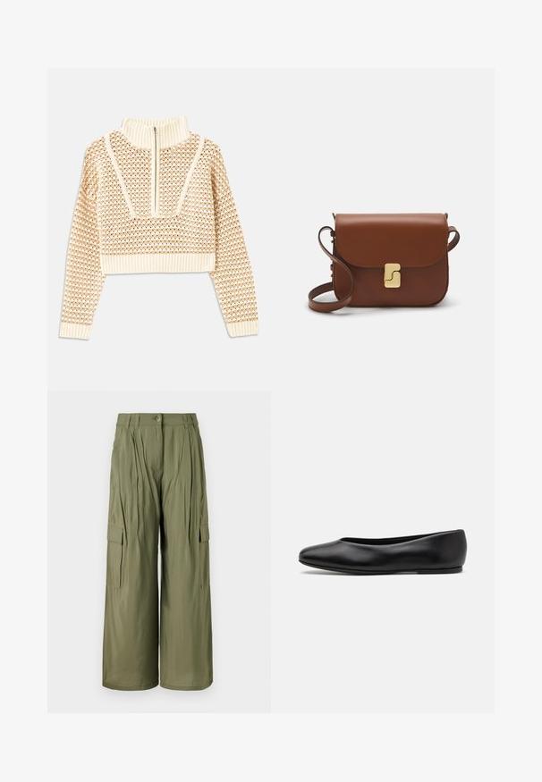 Light beige cropped sweater with a zippered mock neck, featuring a textured pattern and ribbed cuffs and hem. Combines knit and woven materials.; Olive green wide-leg cargo pants with front pleats, side pockets, and button closure. Smooth texture, lightweight fabric.; Paul Smith TOPANGA - Ballet pumps - black; Brown leather handbag with a flap closure, gold-tone hardware, a shoulder strap, and a smooth texture. Compact rectangular shape.