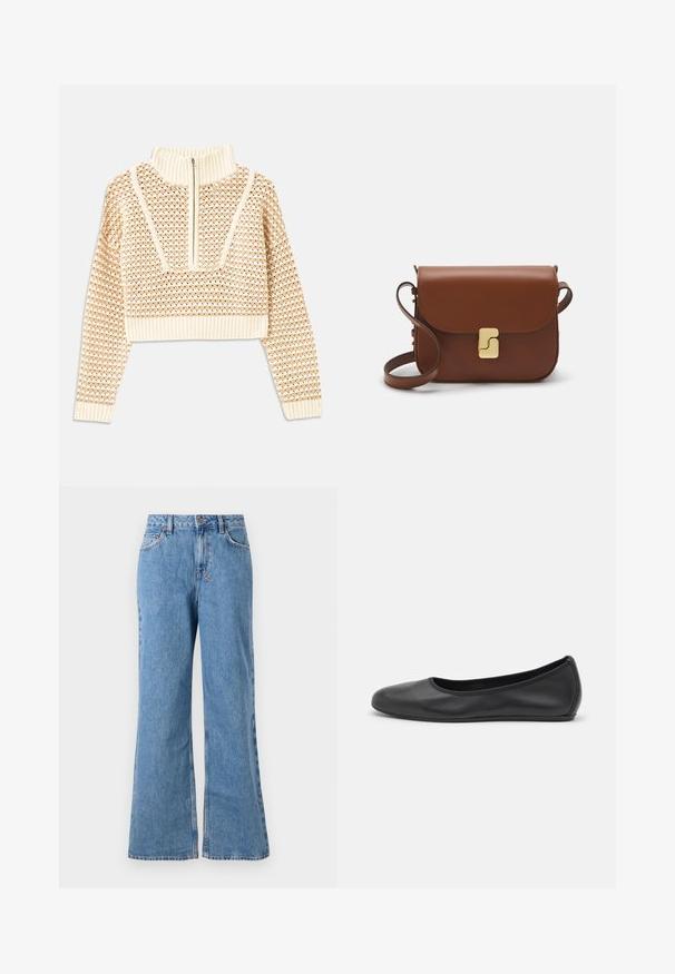 Sweater cropped de cor bege claro com gola alta com fecho, apresentando um padrão texturizado e mangas e bainha caneladas. Combina materiais tricotados e tecidos.; Jeans de cintura alta em denim azul claro, com pernas largas, apresentam um fecho de botão e zíper, bolsos frontais e uma textura desbotada.; Bailarina preta em pele com bico arredondado, textura suave, detalhe de costura minimalista e design de sola flexível.; Bolsa de couro castanho com fecho de aba, decoração em tom dourado, alça de ombro e textura suave. Formato retangular compacto.
