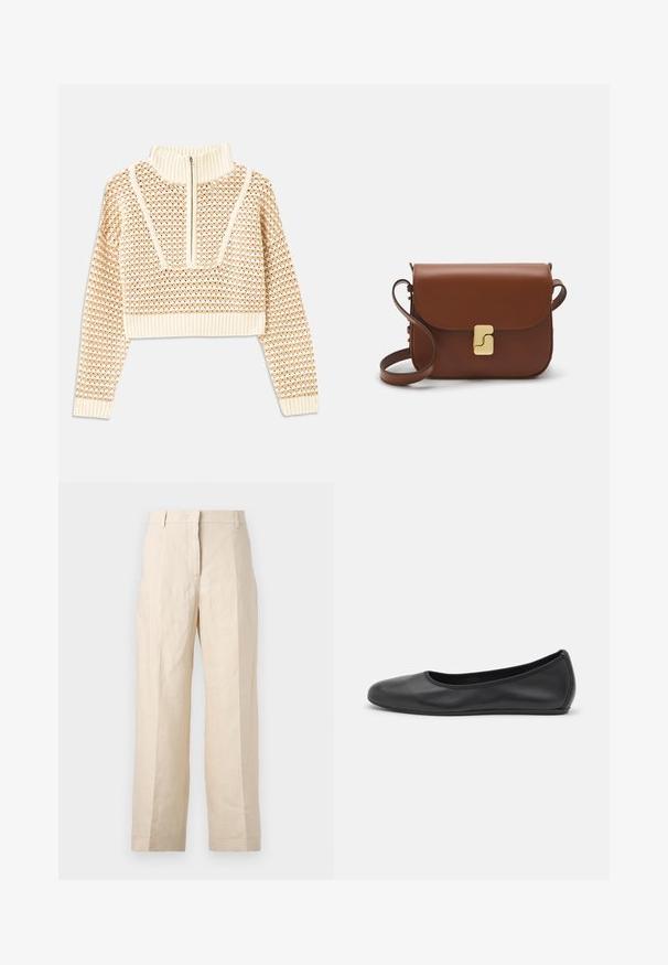 Svetilka svetlo bež barve s krajšim krojem in zadrgo na ovratniku, ki ima strukturiran vzorec ter rebraste manšete in spodnji rob. Združuje pletene in tkane materiale.; Bež lanene hlače z ohlapnim krojem, z gubami spredaj in ravnimi nogami. Imajo pas z zankami za pas in brez vidnih žepov.; Črne usnjene balerinke z zaobljenim nosom, gladko teksturo, minimalnimi šivi in fleksibilno zasnovo podplata.; Rjava usnjena torbica s poklopcem, zlato obarvani okovi, naramnica in gladka tekstura. Kompaktna pravokotna oblika.