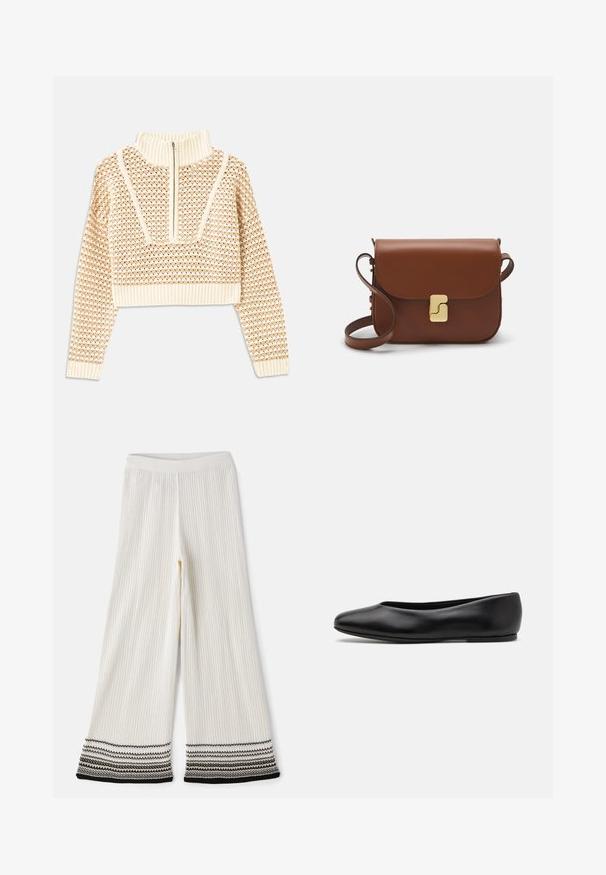 Light beige cropped sweater with a zippered mock neck, featuring a textured pattern and ribbed cuffs and hem. Combines knit and woven materials.; Cream ribbed wide-leg pants with a textured finish. Hem features layered black and white stripes. Elastic waistband for comfortable fit.; Paul Smith TOPANGA - Ballet pumps - black; Brown leather handbag with a flap closure, gold-tone hardware, a shoulder strap, and a smooth texture. Compact rectangular shape.