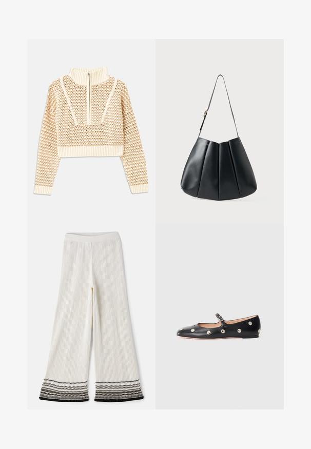 Šviesiai kreminis sutrumpintas megztinis su užtrauktuku ir apykakle, turintis tekstūruotą raštą bei gaubtus ir apykaklę su banguotais kraštais. Sujungia megztą ir audinį.; Kreminės raukšlėtos plačios kelnės su tekstūruotu paviršiumi. Apačia pasižymi sluoksniais juodų ir baltų dryžių. Elastingas juosmuo užtikrina patogų prigludimą.; Juodų odinių Mary Jane plokščių batų su apvaliu pirštu, papuoštų sidabriniais apvaliais nagais ir reguliuojamu dirželiu su sagtimi.; Juodas odinis peties krepšys su raukšlėtu dizainu, lygia tekstūra, viena juosta ir subtiliu auksiniu akcentu.