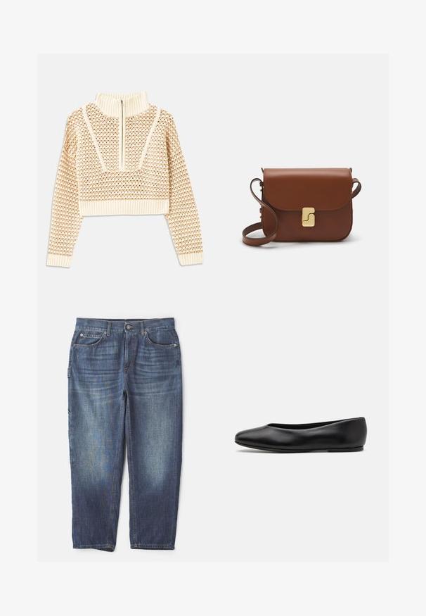 Light beige cropped sweater with a zippered mock neck, featuring a textured pattern and ribbed cuffs and hem. Combines knit and woven materials.; Denim jeans in dark blue wash, featuring five pockets, a button and zipper closure, straight leg design, and contrasting stitching details.; Paul Smith TOPANGA - Ballet pumps - black; Brown leather handbag with a flap closure, gold-tone hardware, a shoulder strap, and a smooth texture. Compact rectangular shape.