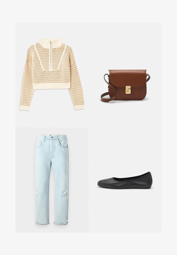 Svijetlo bež skraćeni džemper s rajsferšlusom i visokom ovratnikom, s teksturiranim uzorkom i rebrastim rukavima i rubom. Kombinira pletivo i tkaninu.; Svijetloplave traperice s opuštenim krojem, koje imaju izlizane rupice sprijeda, zavrnute rubove i klasičan dizajn s pet džepova.; Crne kožne baletanke s zaobljenim vrhom, glatke teksture, minimalnim detaljima šavova i fleksibilnim dizajnom potplata.; Smeđa kožna torba s preklopom, zlatnim detaljima, remenom za nošenje preko ramena i glatkom teksturom. Kompaktni pravokutni oblik.