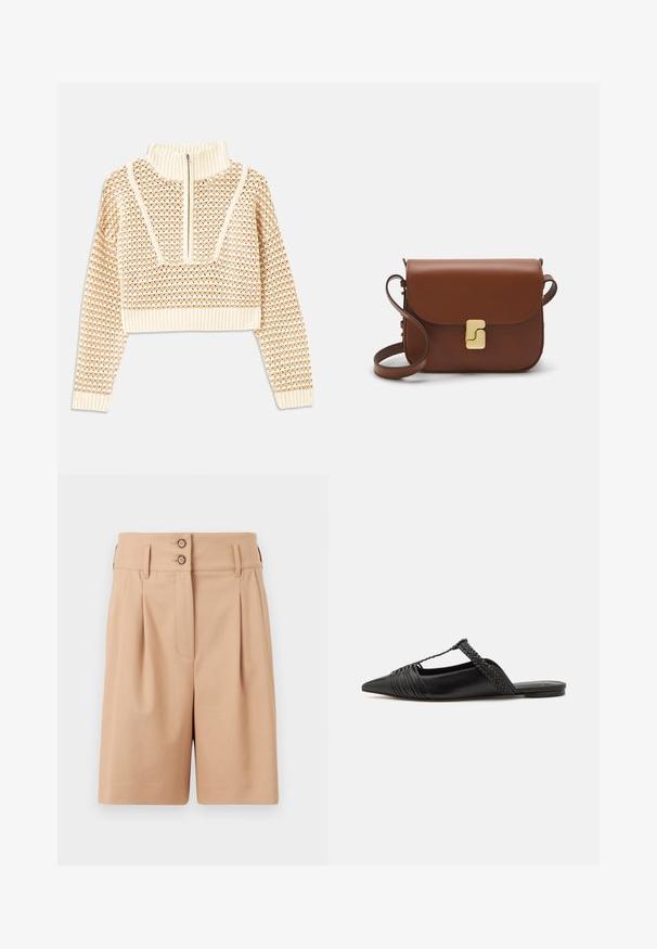 Licht beige cropped sweater met een ritskraag, voorzien van een textuurpatroon en geribde manchetten en onderrand. Combineert gebreide en geweven materialen.; Beige shorts met een hoge taille, twee voorkruisplooien en twee knoopsluitingen bij de tailleband. De stof lijkt glad en gestructureerd.; Zwarte leren slingback schoen met een puntige neus, voorzien van een gevlochten accent en geplooid ontwerp aan de bovenkant. Platte zool met minimale hardware.; Bruine leren handtas met een klep sluiting, gouden hardware, een schouderband en een gladde textuur. Compact rechthoekige vorm.