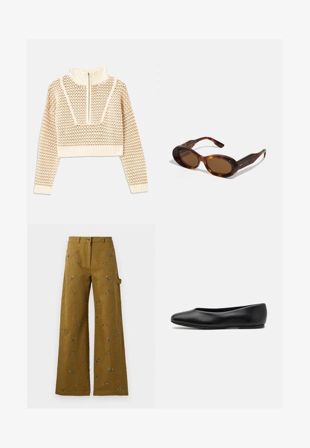 Svijetlo bež skraćeni džemper s rajsferšlusom i visokom ovratnikom, s teksturiranim uzorkom i rebrastim rukavima i rubom. Kombinira pletivo i tkaninu.; Široke hlače od maslinasto zelene tkanine s cvjetnim vezom. Imaju kopčanje na gumb i bočne džepove. Cjelokupni detalj sa struktuiranim šavovima.; Paul Smith TOPANGA - Balerinke - black; Suncobrani od kornjačevine s ovalnim staklima, smešnim nijansama i zlatnim naglascima na drškama. Debeli okviri s sjajnom završnom obradom i glatkom teksturom.; Smeđa kožna torba s preklopom, zlatnim detaljima, remenom za nošenje preko ramena i glatkom teksturom. Kompaktni pravokutni oblik.