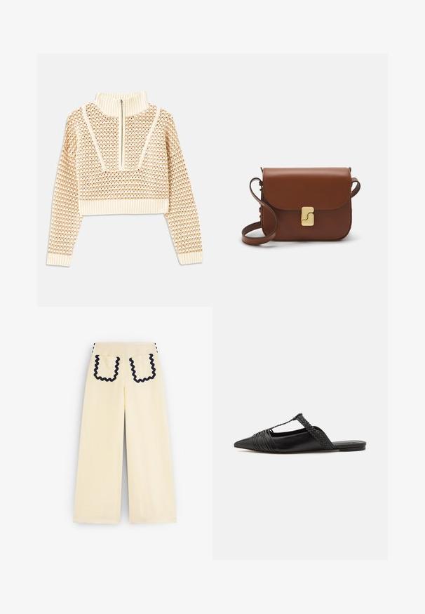 Light beige cropped sweater with a zippered mock neck, featuring a textured pattern and ribbed cuffs and hem. Combines knit and woven materials.; Wide-leg yellow pants with a textured finish. Features contrasting navy rickrack trim on the pocket edges and side seams.; Black leather slingback shoe with a pointed toe, featuring a woven accent and pleated upper design. Flat sole with minimal hardware.; Brown leather handbag with a flap closure, gold-tone hardware, a shoulder strap, and a smooth texture. Compact rectangular shape.