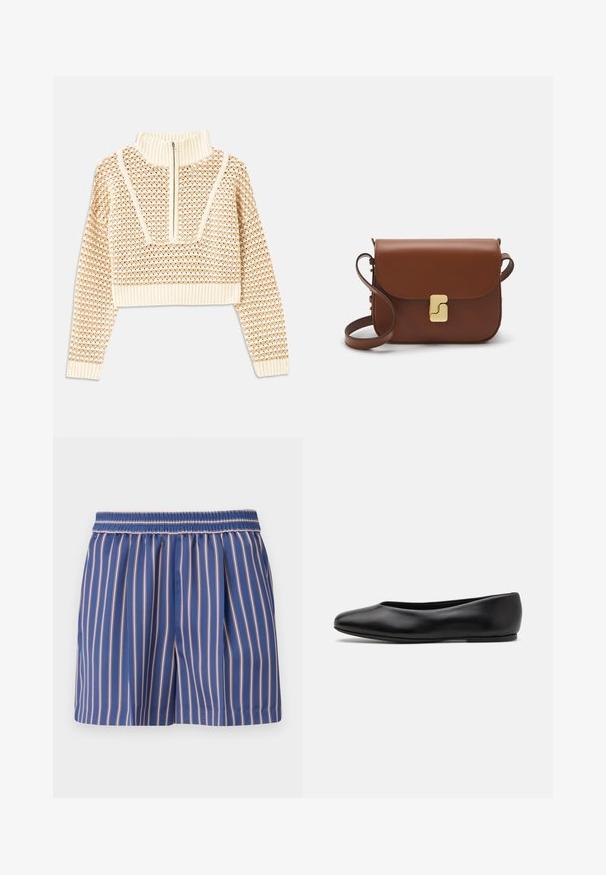 Light beige cropped sweater with a zippered mock neck, featuring a textured pattern and ribbed cuffs and hem. Combines knit and woven materials.; Blue and pink striped shorts with a stretchy waistband, lightweight fabric, and pleats for added volume. Classic straight-cut shape.; Paul Smith TOPANGA - Ballet pumps - black; Brown leather handbag with a flap closure, gold-tone hardware, a shoulder strap, and a smooth texture. Compact rectangular shape.