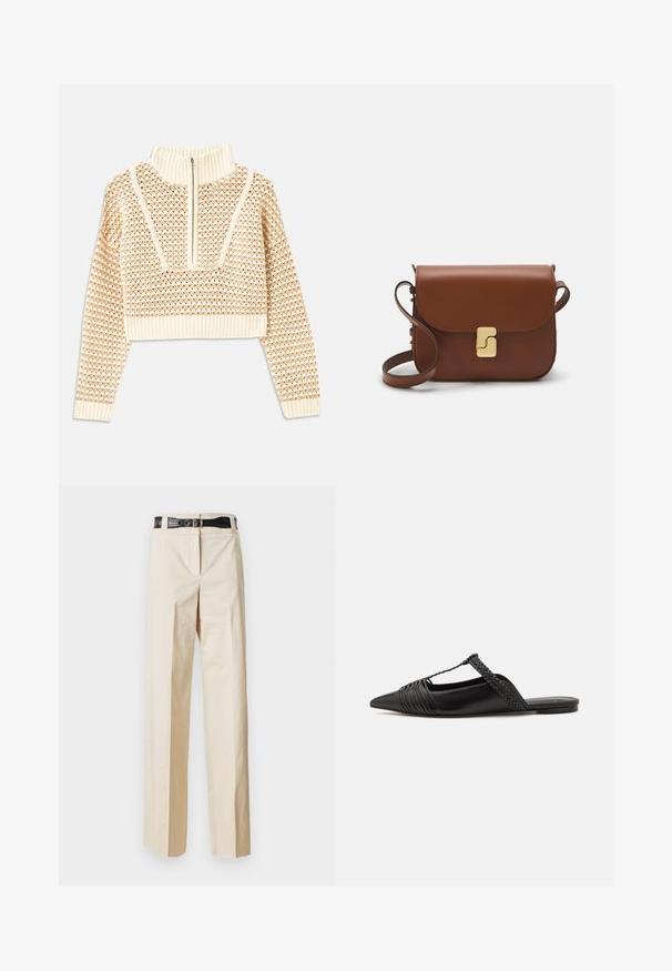 Světle béžový zkrácený svetr s doplňkovým zipem a imitací límce, zdobený texturovaným vzorem a pletenými manžetami a lemem. Kombinuje pletené a tkané materiály.; Beige kalhoty s širokými nohavicemi a hladkým povrchem, s černým páskem s krokodýlím vzorem v pase. Jednoduchý design bez dalších ozdob.; Černé kožené slingback boty se špičatou špičkou, s tkaným akcentem a plisovaným designem svršku. Plochá podešev s minimálním kovovým zapínáním.; Hnědá kožená kabelka s klopou, zlatými kovovými detaily, ramenním popruhem a hladkým povrchem. Kompaktní obdélníkový tvar.