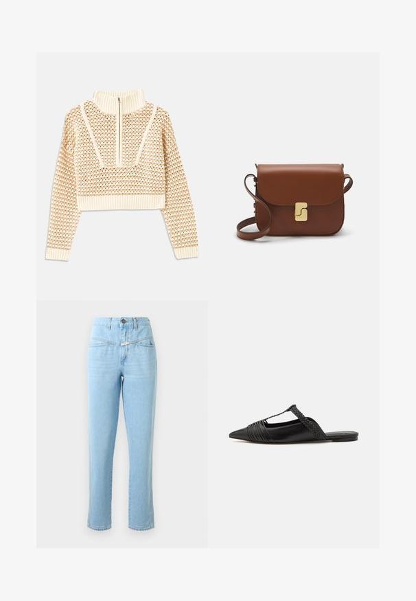 Gaišas bezgaismas īsais džemperis ar rāvējslēdzēju un stāvošu apkakli, ar faktūru rakstu un ribinātām piedurknēm un apakšmalu. Apvieno adītus un audumus.; Augsta vidukļa gaiši zilas džinses ar priekšējiem kabatām, poga un rāvējslēdzēja aizdare, un taisna kāju piegriezums.; Melnas ādas slingback kurpes ar norādītu purngali, kurām ir austoša akcenta un krokota augšdaļa. Plakana zole ar minimālu aparatūru.; Bordo ādas rokas soma ar atloku, zeltītām detaļām, plecu siksnu un gludu virsmu. Kompakta, taisnstūrveida forma.