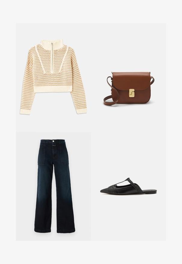 Licht beige cropped sweater met een ritskraag, voorzien van een textuurpatroon en geribde manchetten en onderrand. Combineert gebreide en geweven materialen.; Donkerblauwe wijde spijkerbroek van denim, met een hoge taille, voorzakken en een sluiting met een knoop aan de voorkant. Glad textuur met een lichte vervaging.; Zwarte leren slingback schoen met een puntige neus, voorzien van een gevlochten accent en geplooid ontwerp aan de bovenkant. Platte zool met minimale hardware.; Bruine leren handtas met een klep sluiting, gouden hardware, een schouderband en een gladde textuur. Compact rechthoekige vorm.