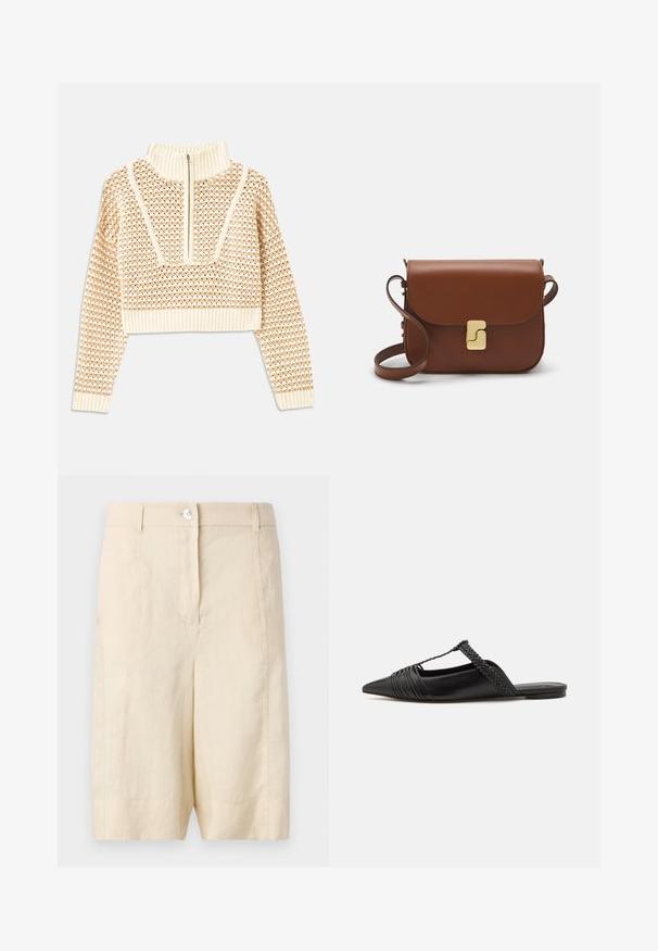 Licht beige cropped sweater met een ritskraag, voorzien van een textuurpatroon en geribde manchetten en onderrand. Combineert gebreide en geweven materialen.; Beige linnen shorts met een gladde textuur, voorzien van een knoopsluiting aan de voorkant, een op maat gemaakte pasvorm en een rechte snit aan de onderkant.; Zwarte leren slingback schoen met een puntige neus, voorzien van een gevlochten accent en geplooid ontwerp aan de bovenkant. Platte zool met minimale hardware.; Bruine leren handtas met een klep sluiting, gouden hardware, een schouderband en een gladde textuur. Compact rechthoekige vorm.