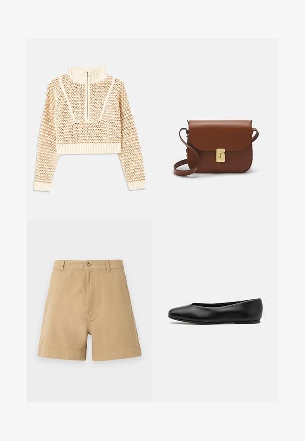 Vaalea beige lyhyt neulepusero, jossa on vetoketjukiinnitteinen korkea kaulus. Se esittelee teksturoidun kuosin ja ribbireunat hihoissa ja helmassaan. Yhdistelmä neulotusta ja kudotusta materiaalista.; Beige shorts valkoisesta puuvillasta, joissa on klassinen muotoilu, etupainike ja vyölenkit. Pehmeä pinta, jossa on sivutaskut.; Paul Smith TOPANGA - Ballerinat - black; Ruskea nahkainen käsilaukku, jossa on läppäkiinnitys, kultasävyiset yksityiskohdat, olkahihna ja sileä pinta. Kompaktin suorakaiteen muotoinen.