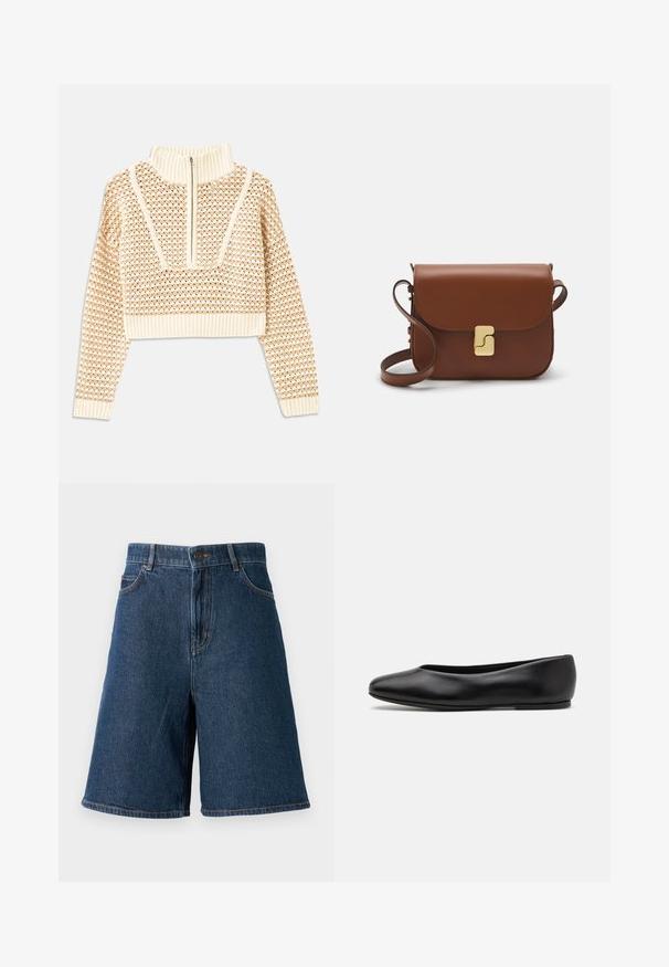 Licht beige cropped sweater met een ritskraag, voorzien van een textuurpatroon en geribde manchetten en onderrand. Combineert gebreide en geweven materialen.; Donkerblauwe spijkerbroekshorts met een hoge taille, vijf zakken en een rechte pasvorm. Voorzien van zichtbare stiksels en een sluiting met een voorknop.; Paul Smith TOPANGA - Ballerina's - black; Bruine leren handtas met een klep sluiting, gouden hardware, een schouderband en een gladde textuur. Compact rechthoekige vorm.