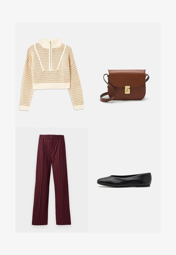 Light beige cropped sweater with a zippered mock neck, featuring a textured pattern and ribbed cuffs and hem. Combines knit and woven materials.; Burgundy wide-leg trousers with a pinstripe pattern, pleated front, and button closure, made from a smooth fabric with a structured design.; Paul Smith TOPANGA - Ballet pumps - black; Brown leather handbag with a flap closure, gold-tone hardware, a shoulder strap, and a smooth texture. Compact rectangular shape.