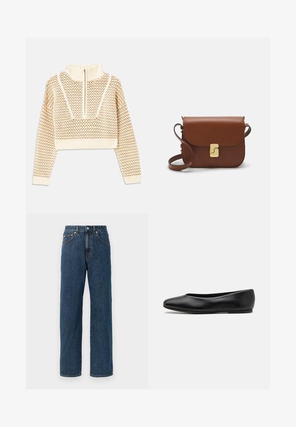 Light beige cropped sweater with a zippered mock neck, featuring a textured pattern and ribbed cuffs and hem. Combines knit and woven materials.; Dark blue denim jeans with a straight fit. Features five pockets, subtle stitching details, and a button closure at the waistband.; Paul Smith TOPANGA - Ballet pumps - black; Brown leather handbag with a flap closure, gold-tone hardware, a shoulder strap, and a smooth texture. Compact rectangular shape.