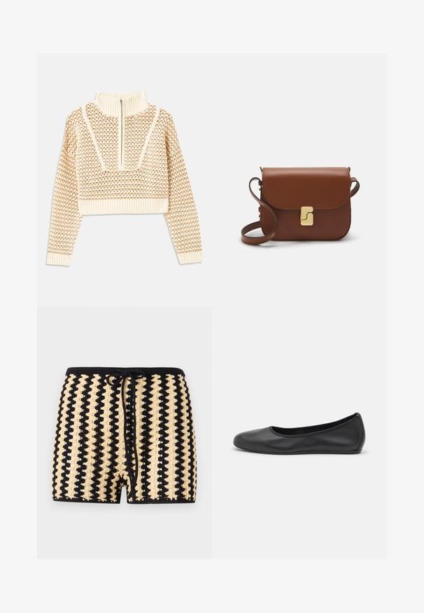 Pull en beige clair court avec un col montant zippé, présentant un motif texturé et des poignets et un ourlet côtelés. Combine des matériaux tricotés et tissés.; Shorts de bain au crochet noirs et beige avec un cordon de serrage à la taille, présentant un motif texturé en couleurs alternées et une longueur au milieu de la cuisse.; Ballerines en cuir noir avec un bout rond, texture lisse, détails de couture minimalistes et design de semelle flexible.; Sac à main en cuir marron avec une fermeture à rabat, des accents en métal doré, une bandoulière et une texture lisse. Forme rectangulaire compacte.