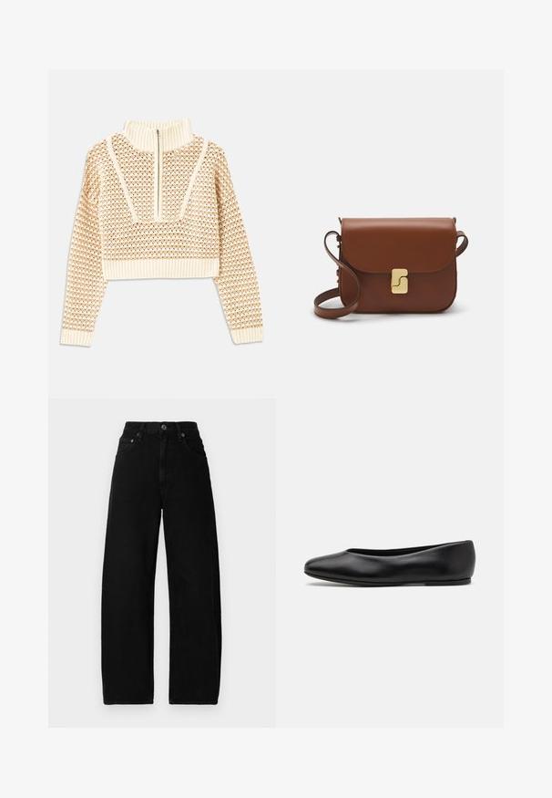 Világos bézs cropped pulóver, cipzáras álló gallérral, mely texturált mintával és bordás mandzsettával, valamint szegéllyel rendelkezik. A kötött és szőtt anyagok kombinációja.; Fekete farmer széles szárú nadrág magas derékkal, elülső gombos záródással, zsebekkel és sima, matt textúrával.; Paul Smith TOPANGA - Balerina cipők - black; Barna bőr kézitáska, hajtókás zárással, arany színű fém kiegészítőkkel, vállpánttal és sima felülettel. Kompakt téglalap alakú.