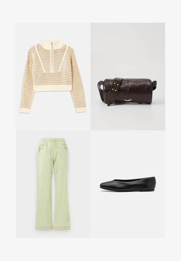 Svijetlo bež skraćeni džemper s rajsferšlusom i visokom ovratnikom, s teksturiranim uzorkom i rebrastim rukavima i rubom. Kombinira pletivo i tkaninu.; Svijetlozelene hlače širokog kroja s elastičnom strukom i vezicom. Imaju cvjetni vez na prednjoj strani i detalje u ružičastoj boji na rubu.; Paul Smith TOPANGA - Balerinke - black; Smeđa torba od kože s embosiranim krokodilskim uzorkom, cilindričnog oblika, zlatne hardverske detalje i odvojivu naramenicu sa čavlima.