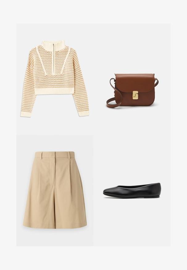 Lys beige cropped sweater med lynlås og høj hals, der har et struktureret mønster samt ribbede manchetter og nederste kant. Kombinerer strikkede og vævede materialer.; Beige plisserede shorts med høj talje, der har en glat overflade og ingen synlige lukninger, skræddersyet til en ren silhuet.; Paul Smith TOPANGA - Ballerinasko - black; Brun læder håndtaske med flaplukning, hardware i gyldent tone, en skulderrem og en glat overflade. Kompakt rektangulær form.
