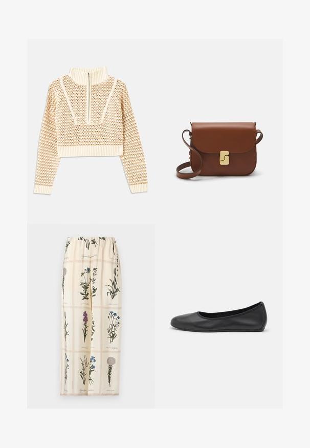 Lys beige cropped sweater med lynlås og høj hals, der har et struktureret mønster samt ribbede manchetter og nederste kant. Kombinerer strikkede og vævede materialer.; Blomstermønstret nederdel med en beige baggrund, elastisk talje og illustrationer af forskellige blomster i grønne, lilla og blå nuancer.; Sort læderballetsko med rund tå, glat tekstur, minimal syning og et fleksibelt såldesign.; Brun læder håndtaske med flaplukning, hardware i gyldent tone, en skulderrem og en glat overflade. Kompakt rektangulær form.